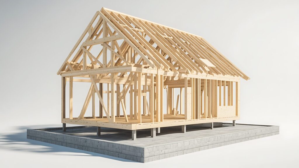 Wooden house frame under construction. New home building project.